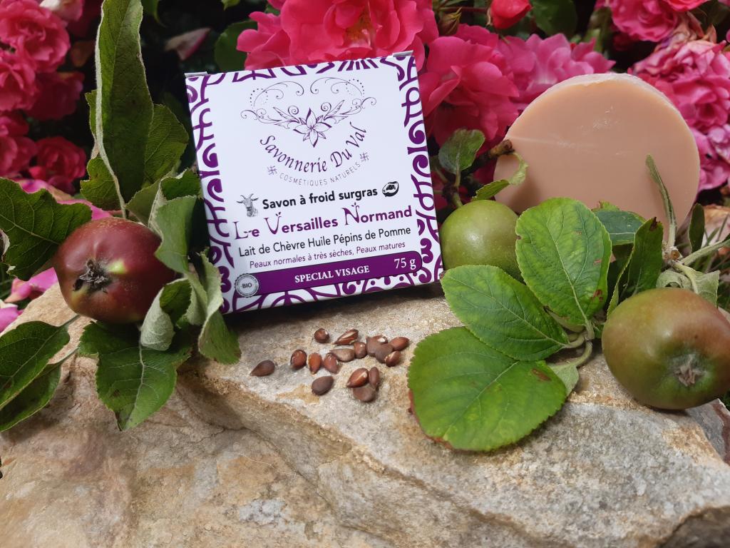 Savon Naturel Artisanal Sp&eacute;cial Visage Versailles Normand Lait de Ch&egrave;vre BIO Huile de p&eacute;pins de Pomme